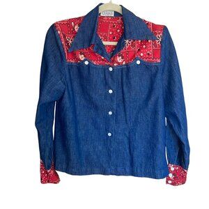 Covered Wagon Blues Vintage Womens Shirt Size L Bandana Dagger Collared Denim